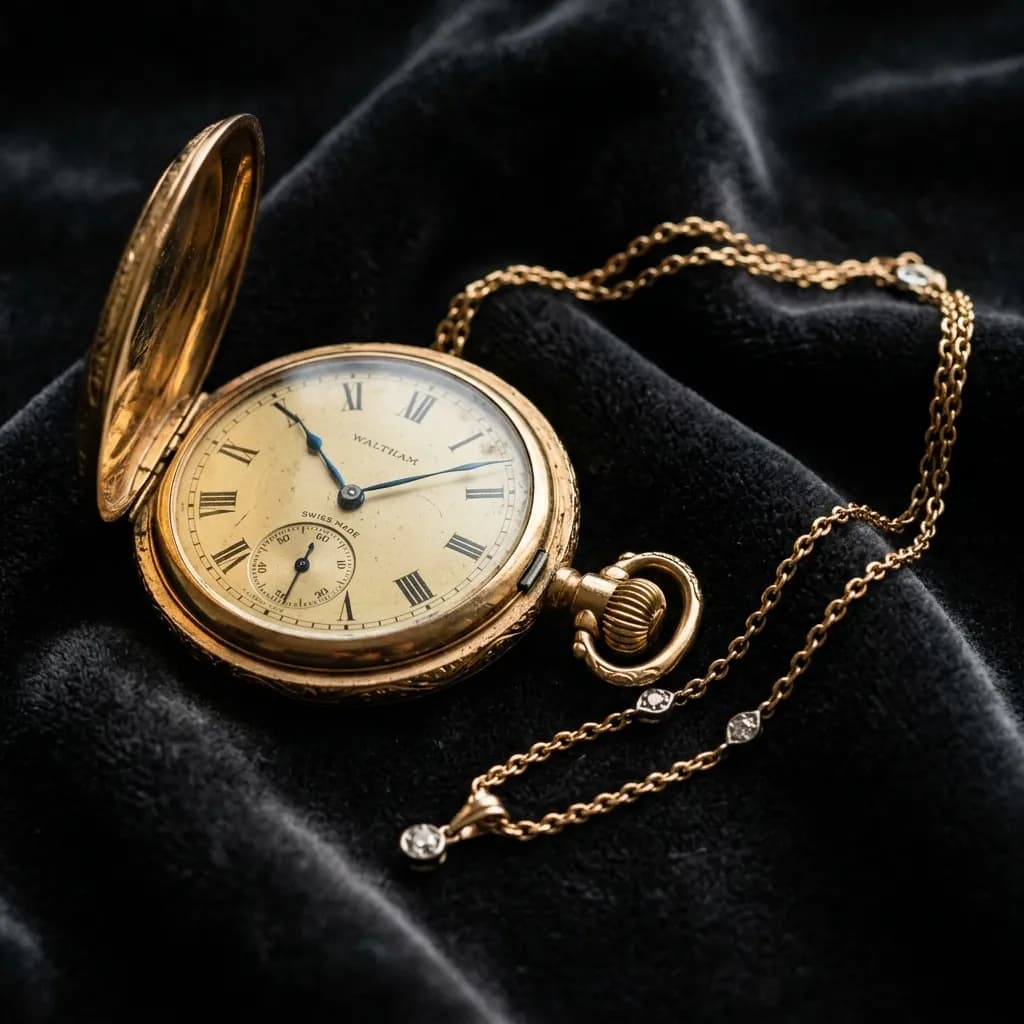 Vintage-Taschenuhr und Goldschmuck auf Samt