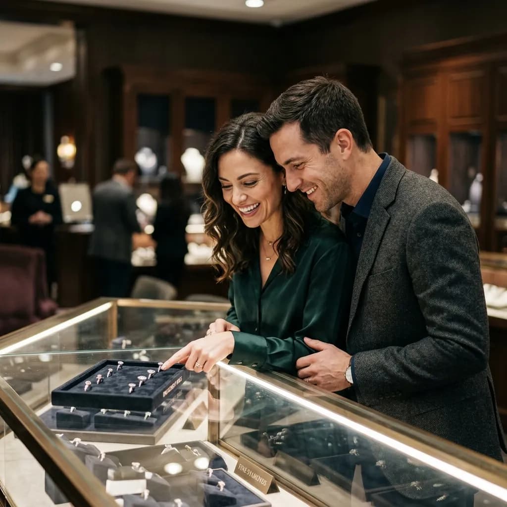 Ein Paar betrachtet lächelnd Trauringe in der Pfullendorfer Boutique